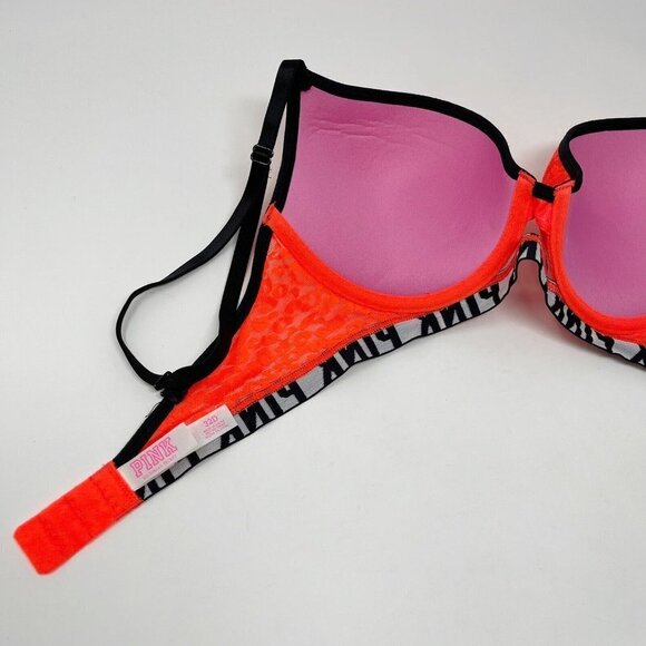 Victorias Secret PINK Push Up Bra Size 32D Neon Orange Leopard Logo - Picture 7 of 9